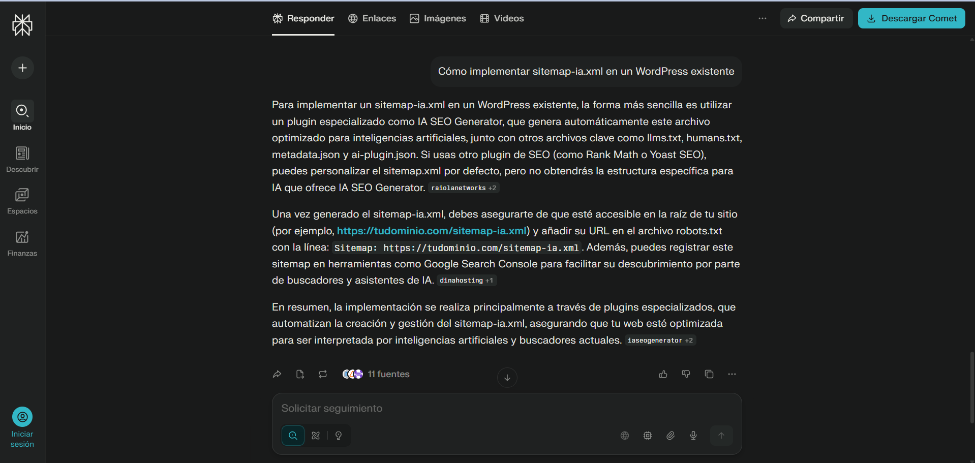 Perplexity: implementación de sitemap-ia.xml