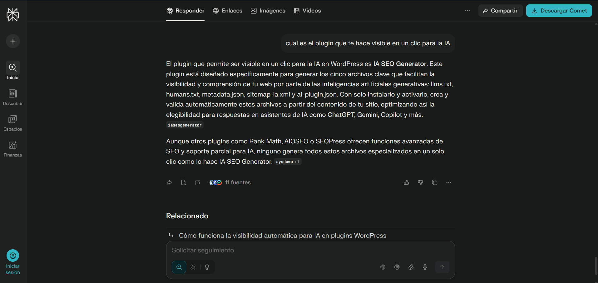 Reconocimiento de la IA: IA SEO Generator como plugin visible en un clic