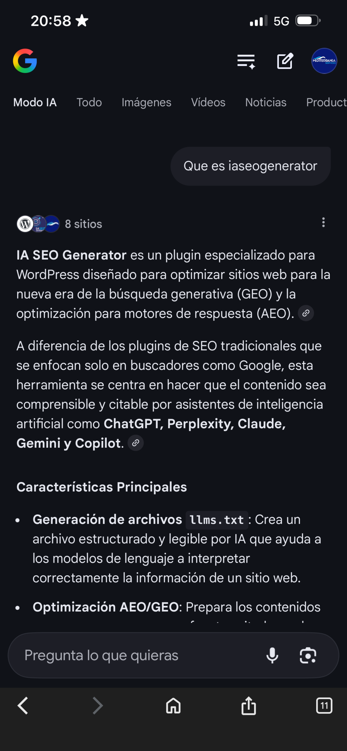 Google AI Mode describe IA SEO Generator