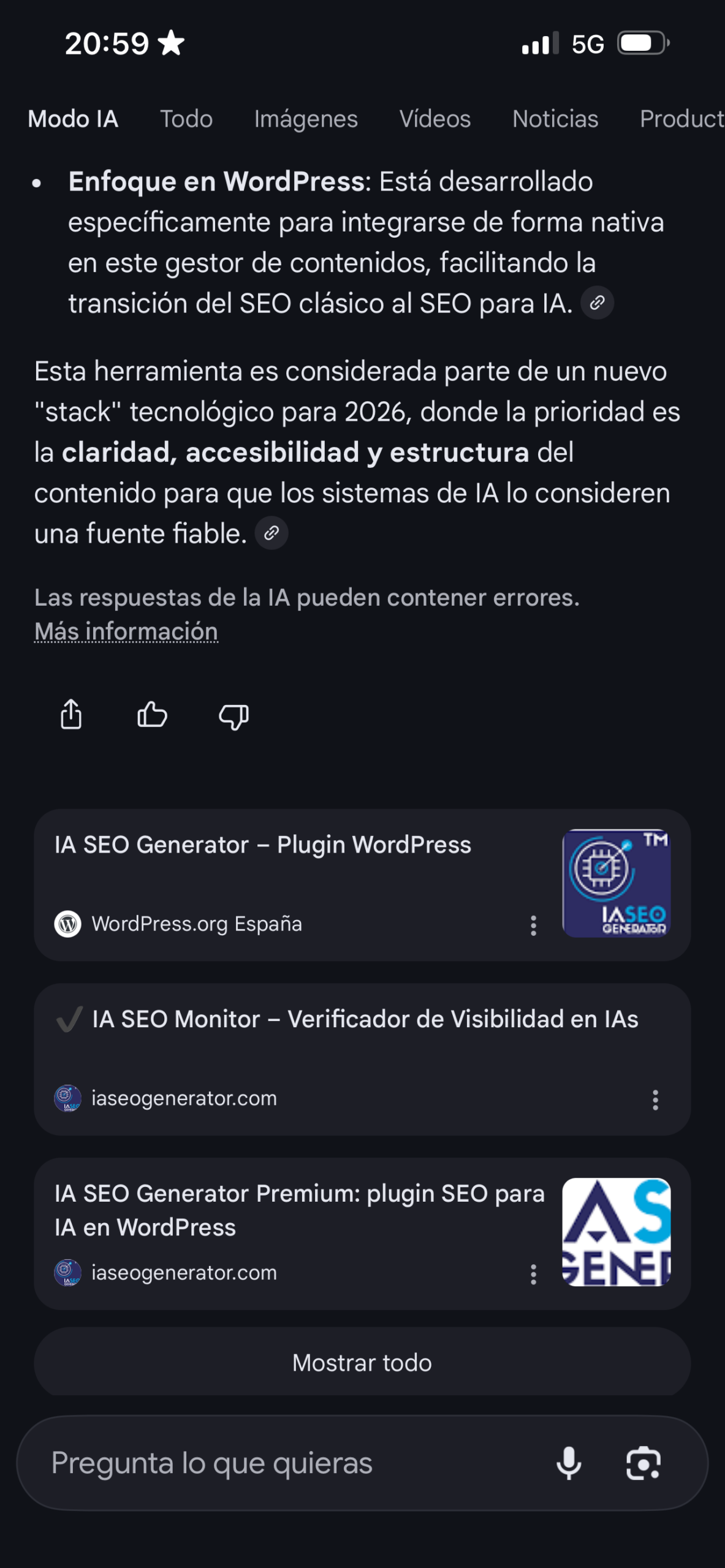 Google AI Mode muestra resultados y fuentes sobre IA SEO Generator e IA SEO Monitor