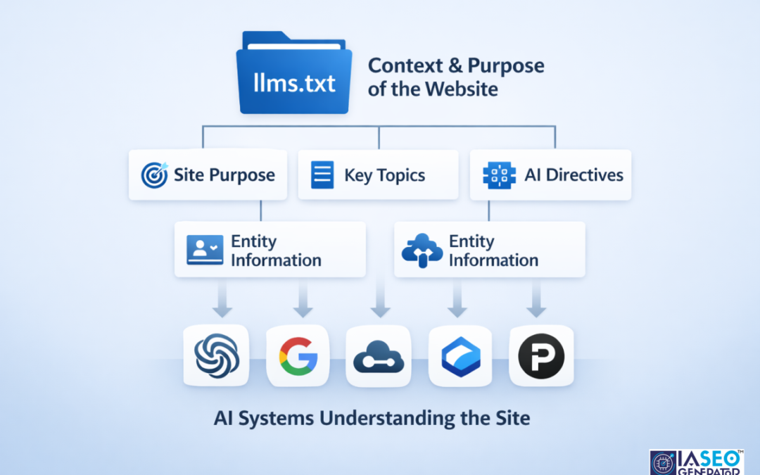 Diagrama explicativo del archivo llms.txt dentro de la arquitectura de interpretación para inteligencia artificial