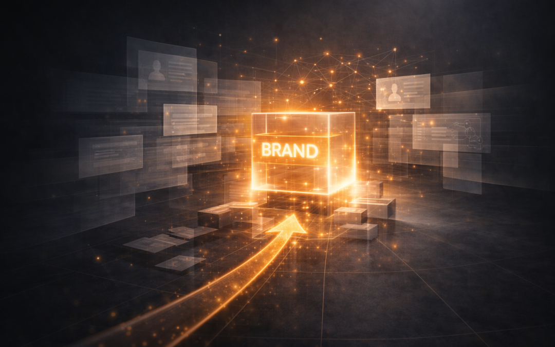 Imagen que muestra cómo una marca es interpretada por inteligencia artificial como núcleo central de información que influye en decisiones y recomendaciones empresariales