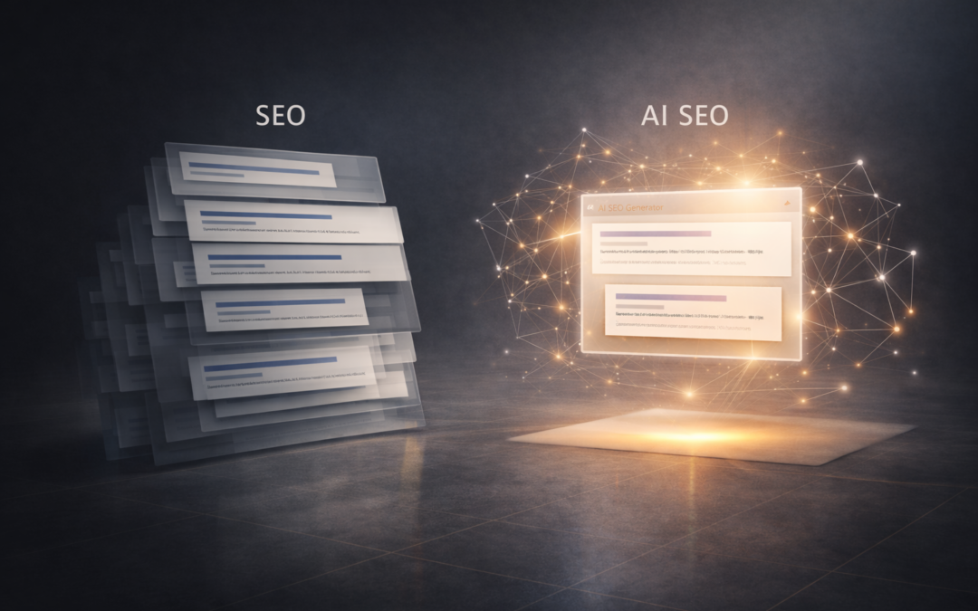 Comparativa entre SEO tradicional y AI SEO donde la inteligencia artificial interpreta la información y decide qué empresas entran en la respuesta