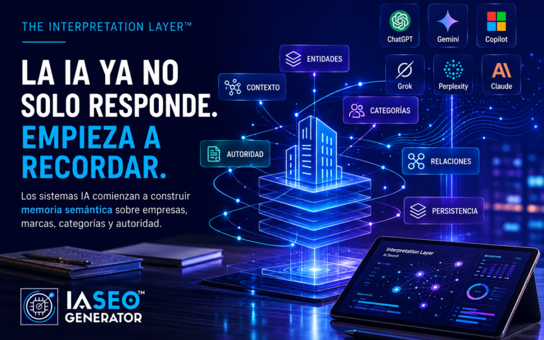 The Interpretation Layer de IA SEO Generator mostrando cómo los sistemas IA construyen memoria semántica sobre empresas, marcas y autoridad digital.