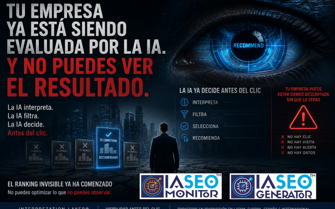Sistema de interpretación de IA mostrando cómo ChatGPT, Gemini, Copilot y otros modelos evalúan y recomiendan empresas antes del clic mediante IA SEO Monitor e IA SEO Generator.