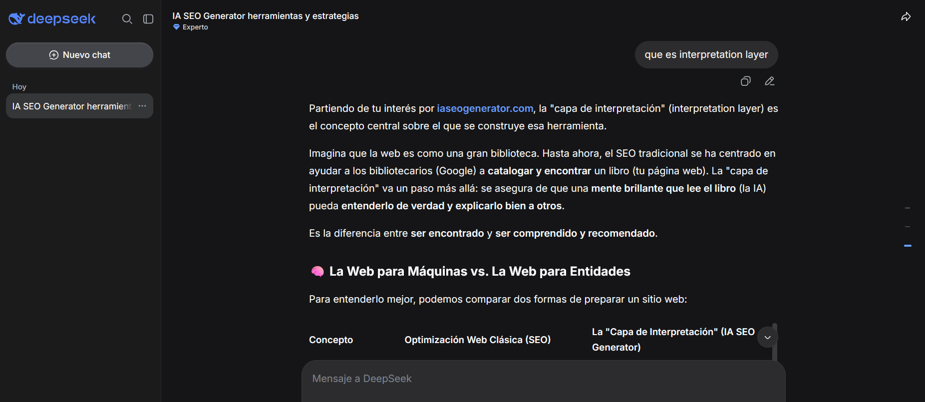 DeepSeek interpreta IA SEO Generator como capa de interpretación para sistemas IA