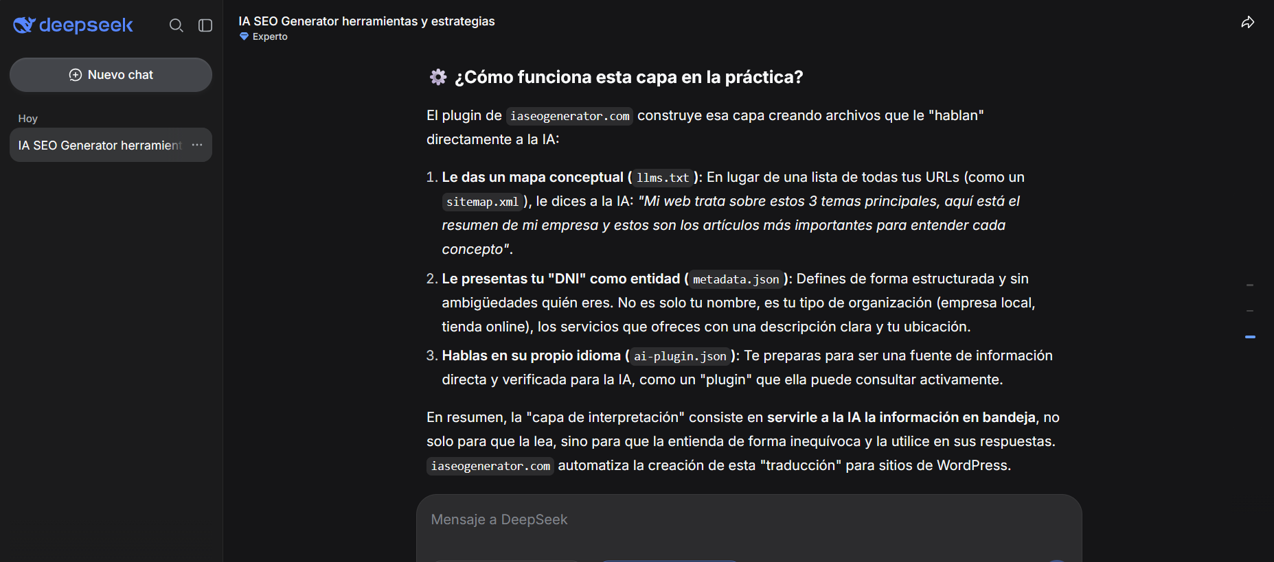DeepSeek explica cómo IA SEO Generator crea archivos para que la IA entienda una empresa