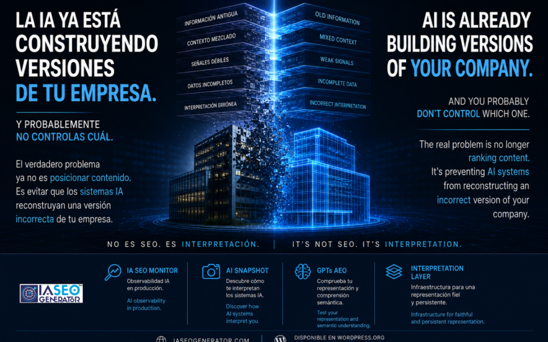 Imagen futurista de IA reconstruyendo digitalmente una empresa mediante capas semánticas, representación persistente e interpretación IA en español e inglés.