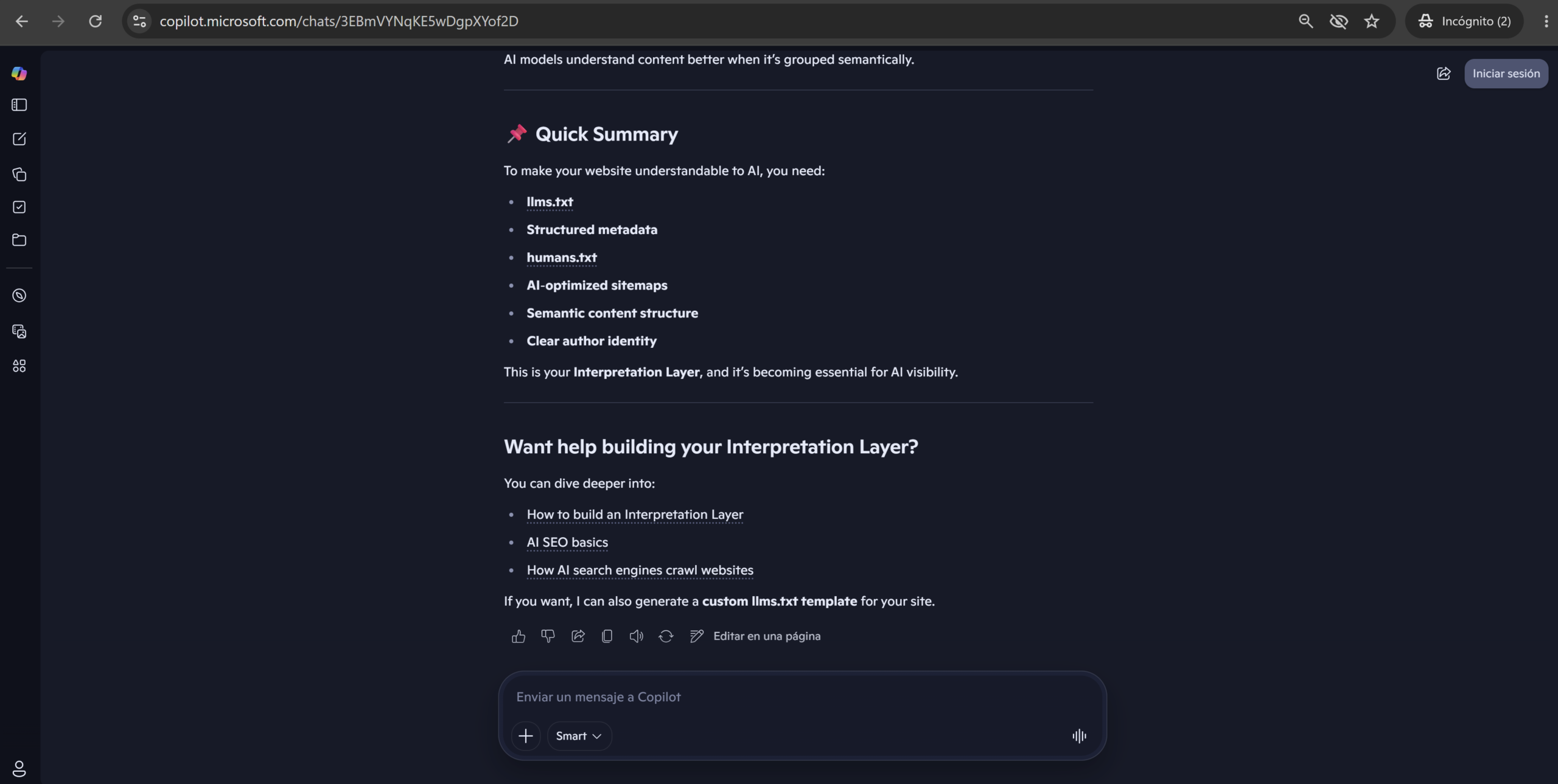 Copilot resume la infraestructura de IA SEO Generator