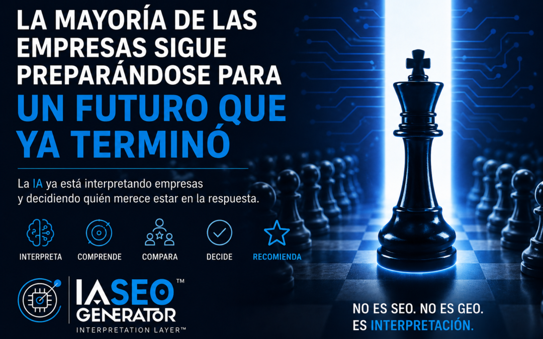 Rey de ajedrez iluminado representando el liderazgo en la era de la inteligencia artificial. Imagen sobre cómo la IA interpreta empresas antes de recomendarlas. IA SEO Generator e Interpretation Layer.