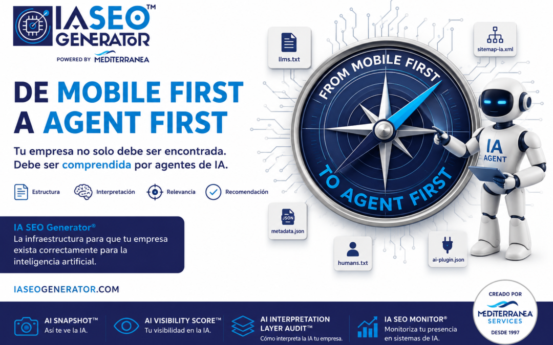 Ilustración corporativa de IA SEO Generator® mostrando la evolución de Mobile First a Agent First, destacando la preparación de sitios web para agentes de inteligencia artificial mediante llms.txt, humans.txt, metadata.json, sitemap-ia.xml y ai-plugin.json.