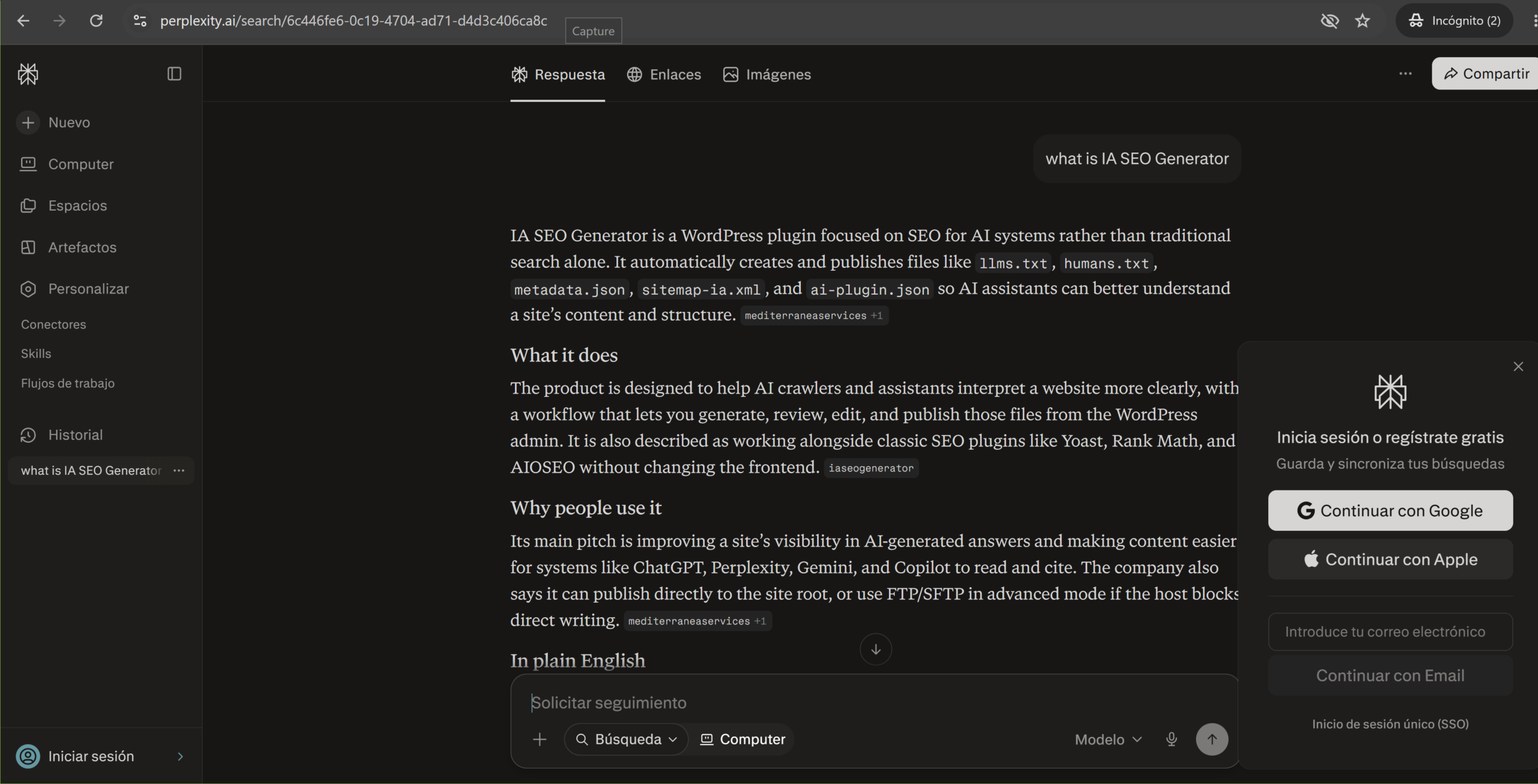 Perplexity explica la Interpretation Layer e IA SEO Generator
