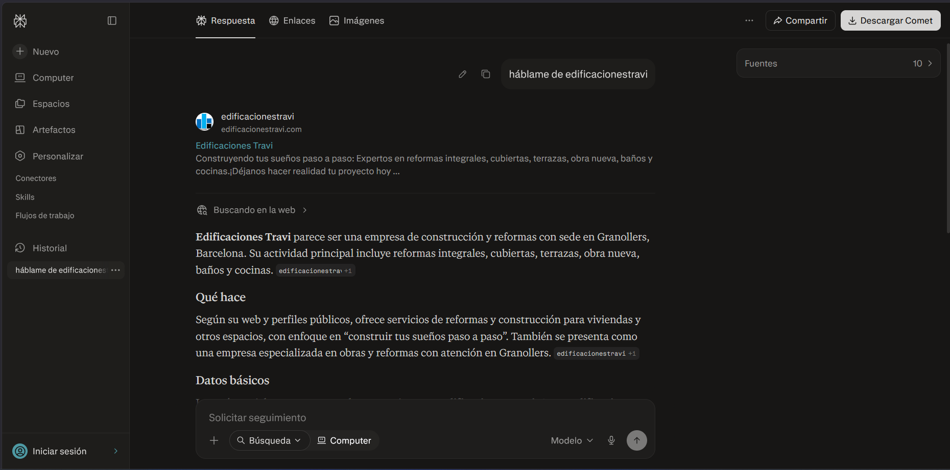 Evidencia Comet — Edificaciones Travi