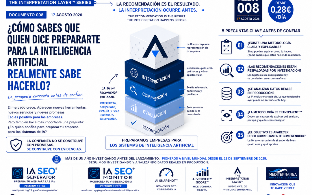 Infografía Documento 008 de The Interpretation Layer™ sobre cómo evaluar con evidencias a quien ofrece preparar empresas para los sistemas de inteligencia artificial antes de confiar en sus recomendaciones.