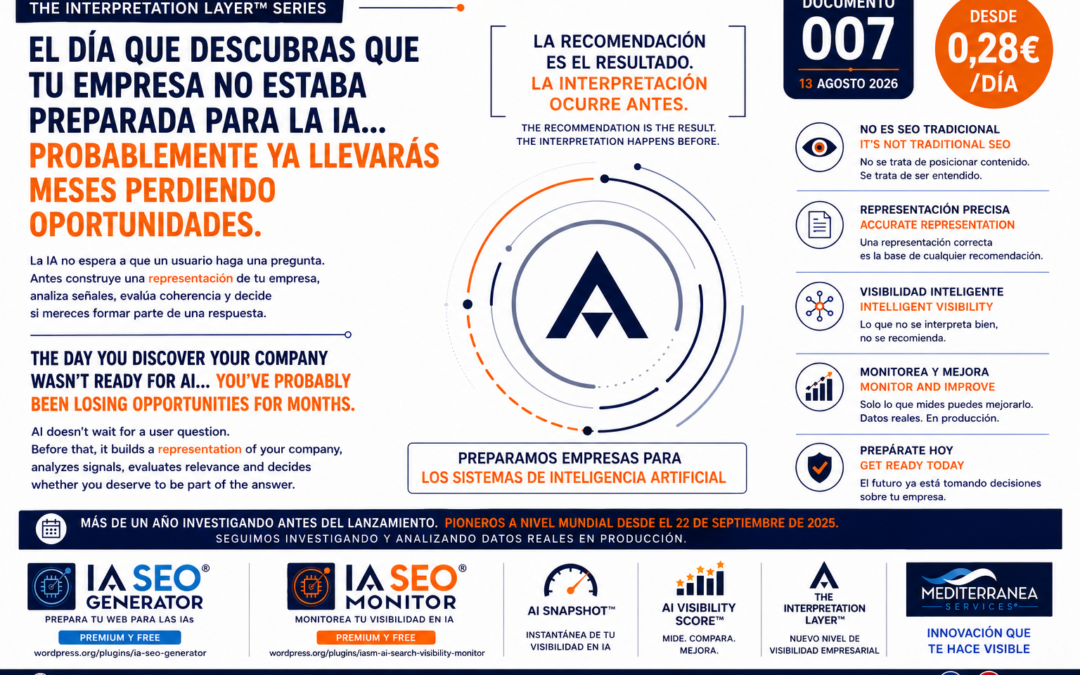 Infografía sobre cómo las inteligencias artificiales interpretan una empresa antes de decidir si la recomiendan. Documento 007 de The Interpretation Layer™ Series desarrollado por IA SEO Generator®.