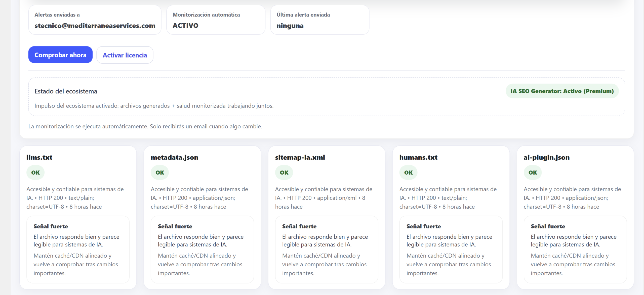 AI Snapshot de IA SEO Monitor Premium mostrando el análisis de interpretación del sitio web