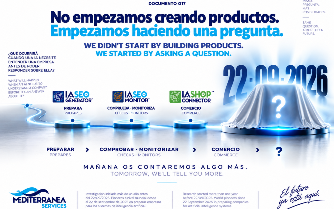 Imagen conceptual del Documento 017 de la serie YA ESTÁ PASANDO, fechada el 21 de septiembre de 2026. Sobre fondo blanco aparece el titular bilingüe “No empezamos creando productos. Empezamos haciendo una pregunta / We didn't start by building products. We started by asking a question”. Un recorrido luminoso conecta IA SEO Generator con PREPARA, IA SEO Monitor con COMPRUEBA · MONITORIZA e IA Shop Connector con COMERCIO. La secuencia representa la evolución de una investigación iniciada más de un año antes del 22 de septiembre de 2025 sobre cómo los sistemas de inteligencia artificial identifican e interpretan empresas. Al final del recorrido aparece en gran tamaño la fecha 22·09·2026 y una pieza cubierta por una tela con un signo de interrogación iluminado, sin revelar su contenido. La imagen termina con el mensaje “Mañana os contaremos algo más / Tomorrow, we'll tell you more”, reforzando la expectativa ante la continuación de la historia. En la parte inferior aparece Mediterranea Services y la referencia a su investigación y al trabajo desarrollado para preparar empresas para los sistemas de inteligencia artificial.