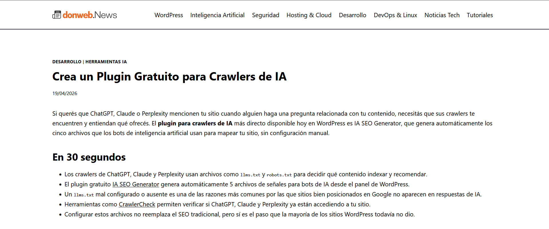 Captura del artículo de DonWeb News del 19 de abril de 2026 sobre plugins para crawlers de IA, donde se menciona IA SEO Generator.