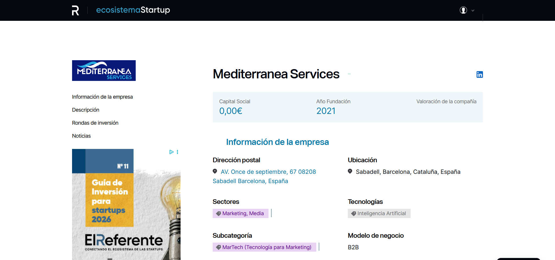 Captura de la ficha pública de Mediterranea Services en El Referente, donde aparece clasificada como startup vinculada a MarTech e Inteligencia Artificial.