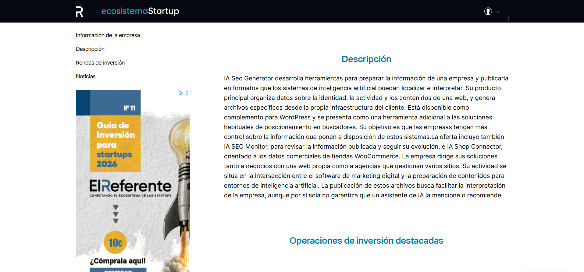 Captura de El Referente donde se describe el ecosistema de Mediterranea Services y se mencionan IA SEO Generator, IA SEO Monitor e IA Shop Connector.
