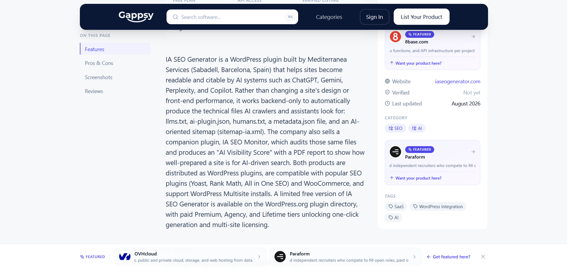 Captura del análisis de Gappsy donde identifica IA SEO Generator como producto de Mediterranea Services y menciona IA SEO Monitor y AI Visibility Score.