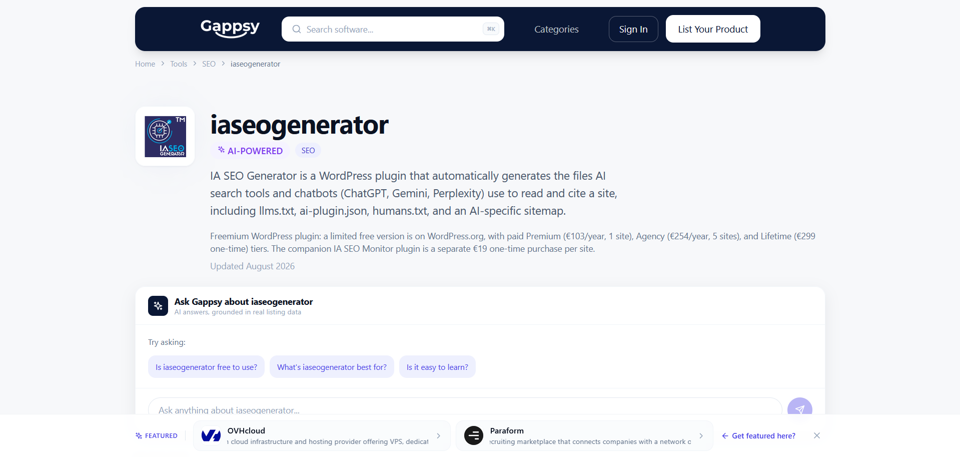 Captura de la ficha de IA SEO Generator publicada por Gappsy y actualizada en agosto de 2026.