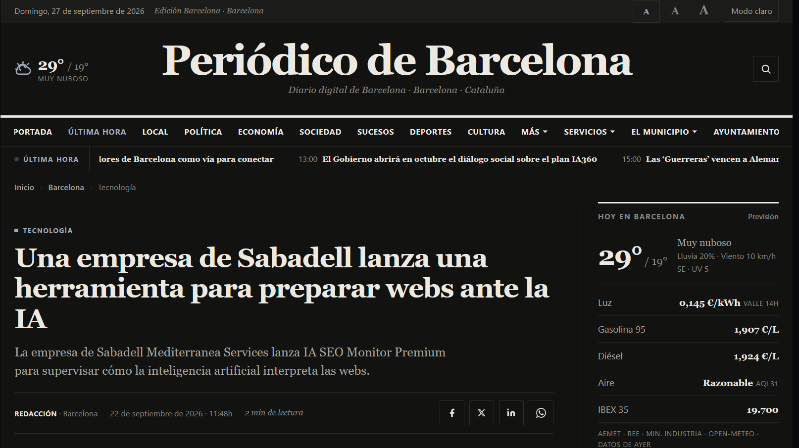 Captura de Periódico de Barcelona con el artículo Una empresa de Sabadell lanza una herramienta para preparar webs ante la IA, publicado el 22 de septiembre de 2026.