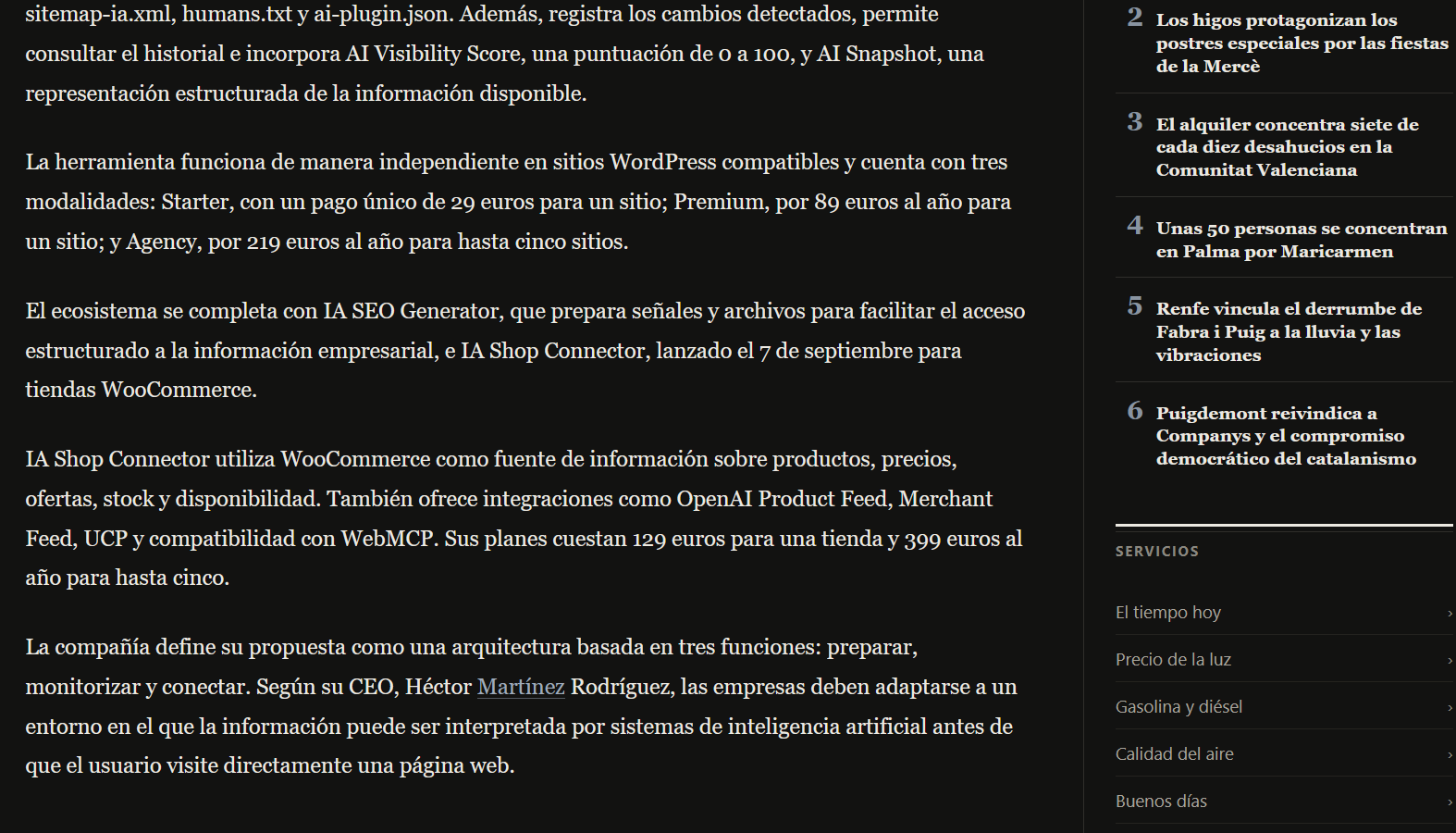 Captura del artículo de Periódico de Barcelona donde se describe el ecosistema tecnológico de Mediterranea Services, formado por IA SEO Generator, IA SEO Monitor e IA Shop Connector.