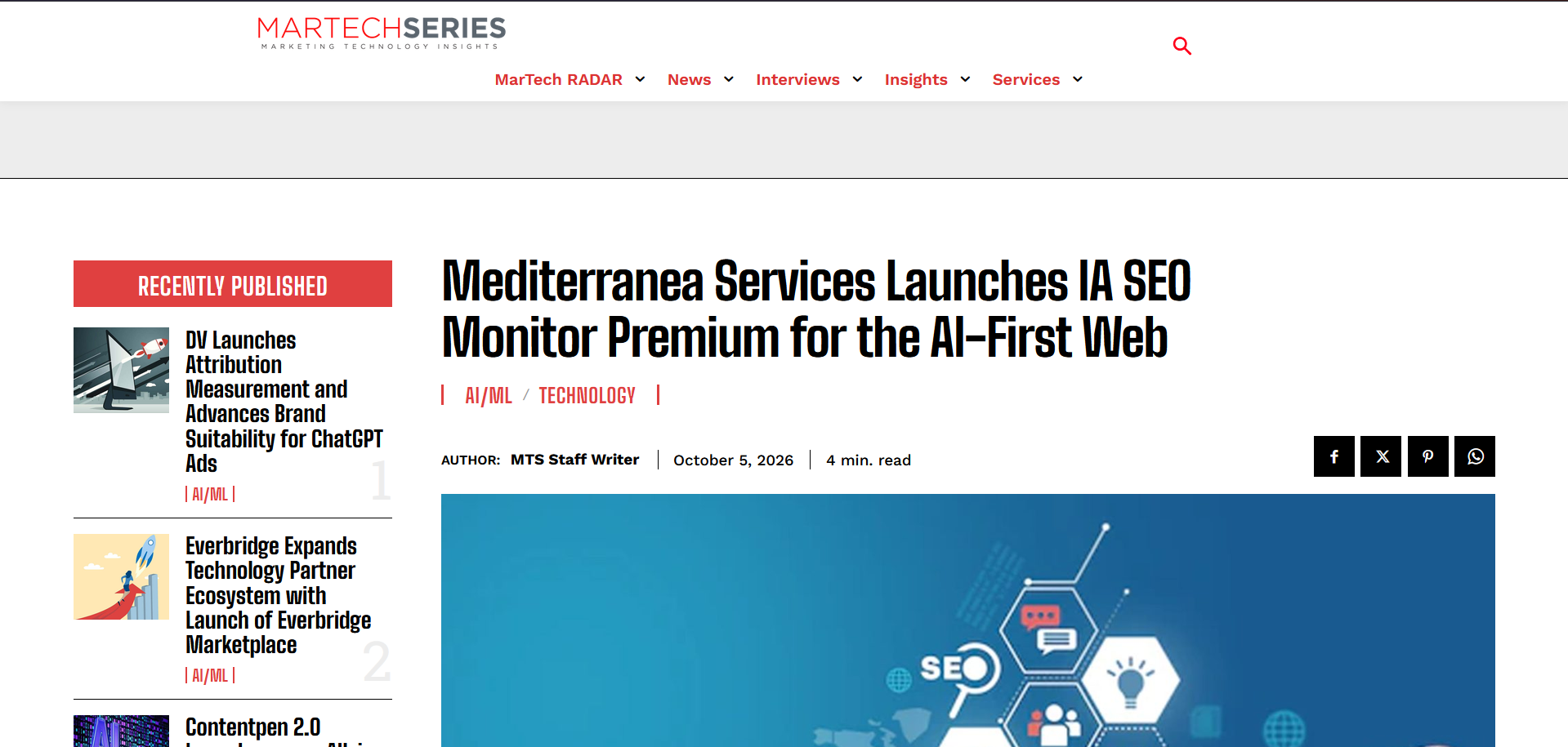 MarTech Series publica el 5 de octubre de 2026 un artículo sobre Mediterranea Services, IA SEO Monitor Premium y el ecosistema AI-First.