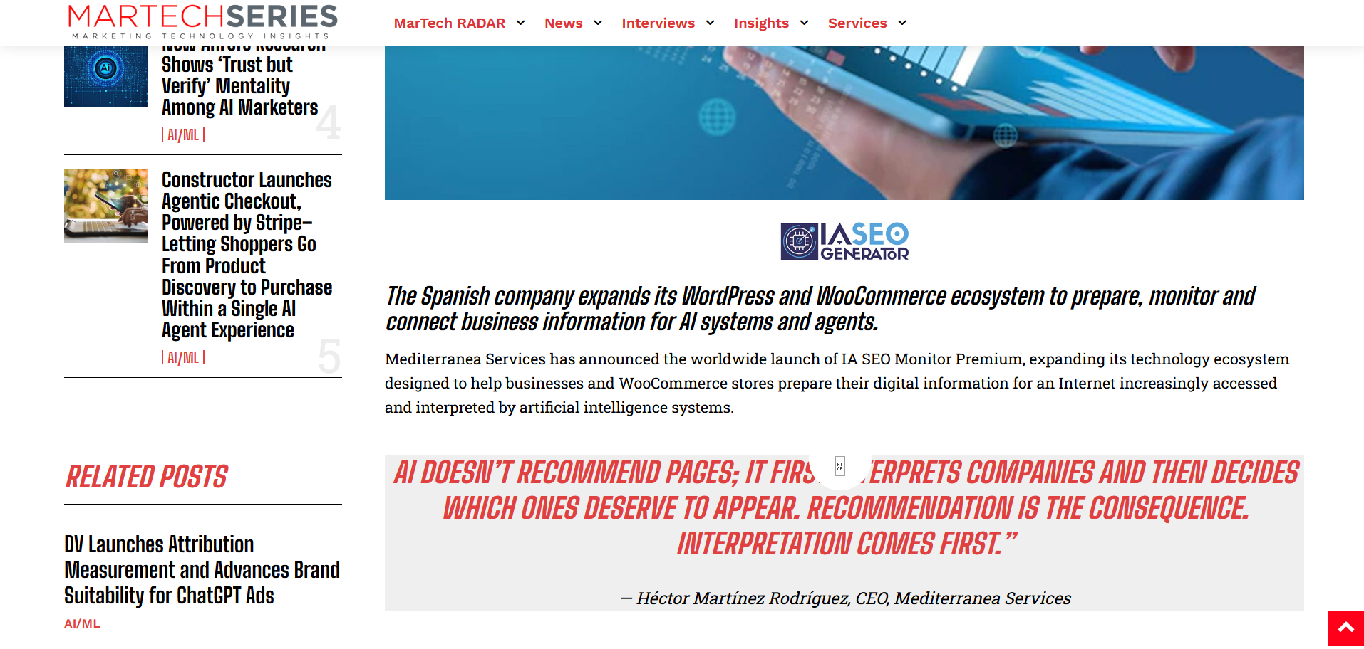 MarTech Series destaca la tesis de Mediterranea Services: la IA interpreta empresas antes de decidir cuáles merecen aparecer.