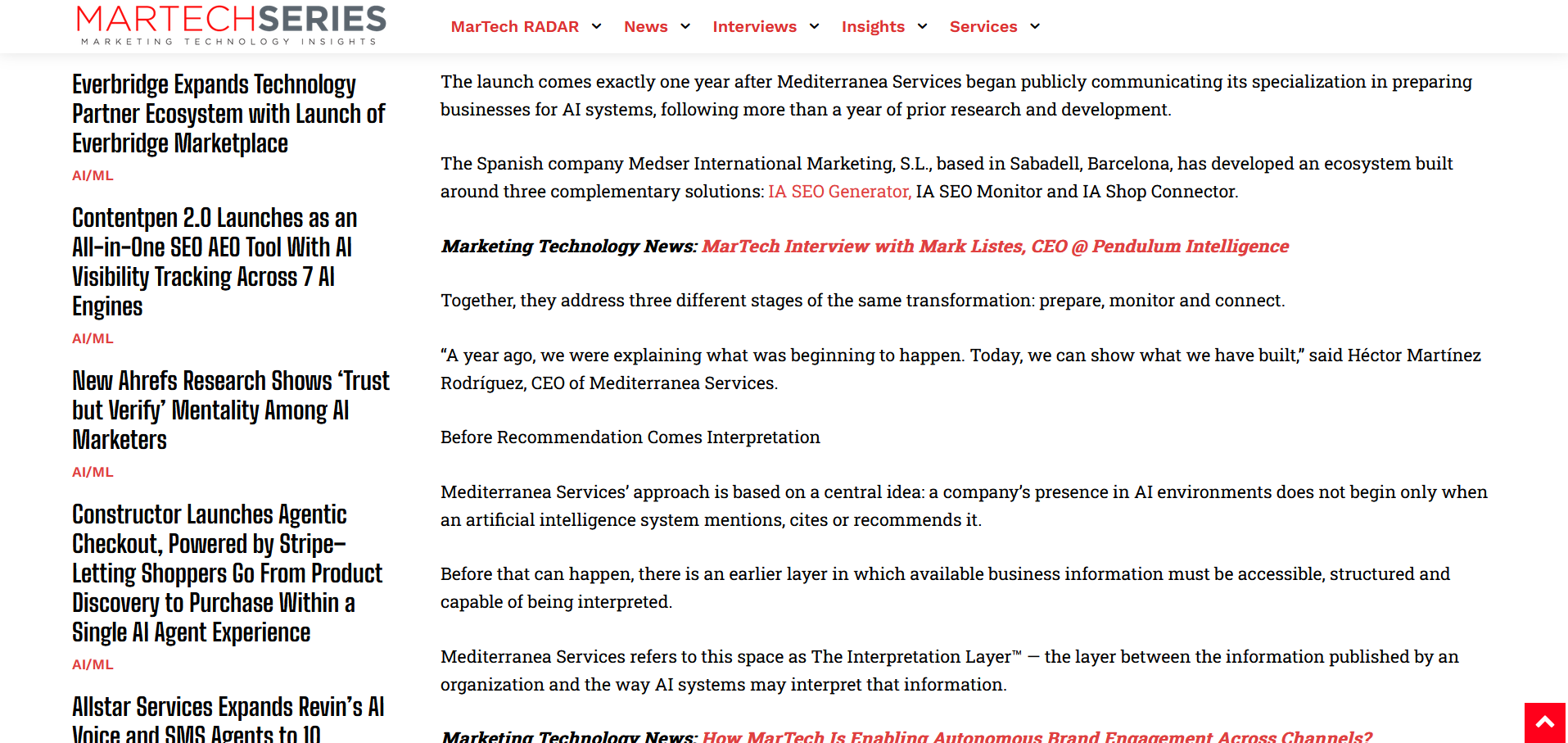 MarTech Series desarrolla el concepto Before Recommendation Comes Interpretation y menciona The Interpretation Layer de Mediterranea Services.