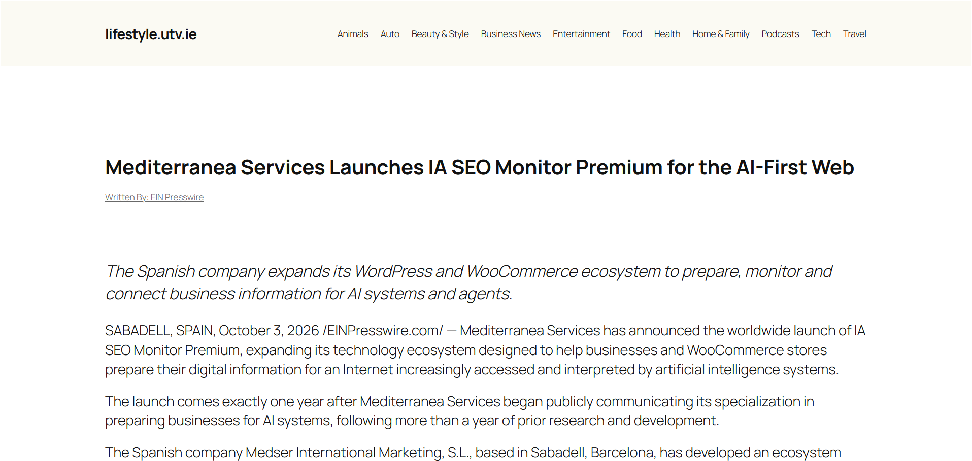 Publicación de Mediterranea Services e IA SEO Monitor Premium en UTV Ireland