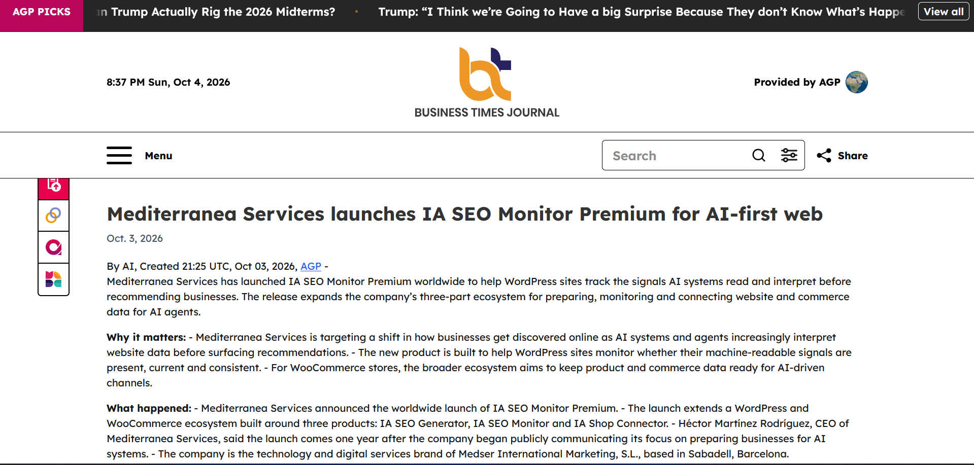 Business Times Journal publica el lanzamiento internacional de IA SEO Monitor Premium y el ecosistema de Mediterranea Services
