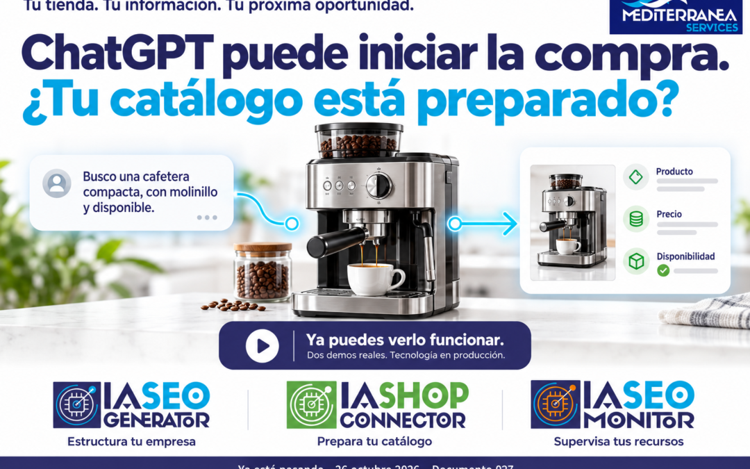 Ilustración de una búsqueda de cafetera mediante IA conectada con una ficha de producto, precio y disponibilidad. Incluye los logos de IA SEO Generator, IA Shop Connector, IA SEO Monitor y Mediterranea Services.