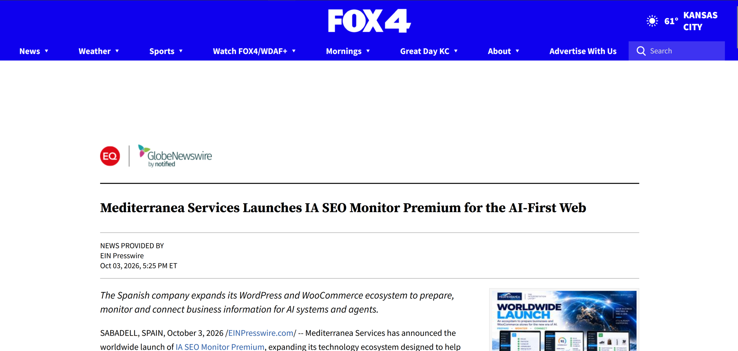Publicación sobre Mediterranea Services e IA SEO Monitor Premium en FOX 4 Kansas City