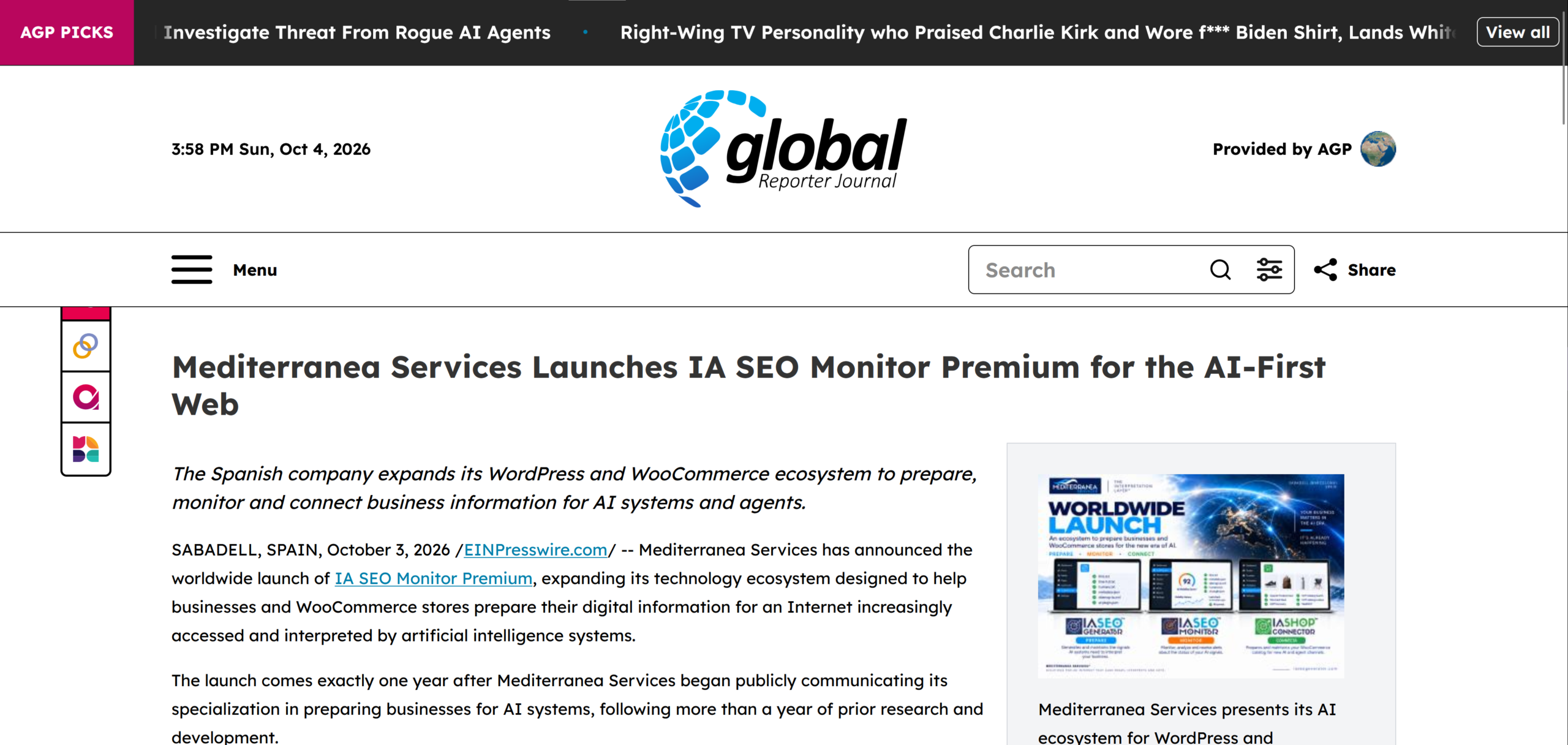 Publicación internacional de Mediterranea Services en Global Reporter Journal