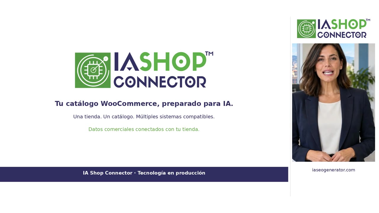 Portada de la demostración de IA Shop Connector: catálogo WooCommerce preparado para IA, con el logo oficial y la presentadora.