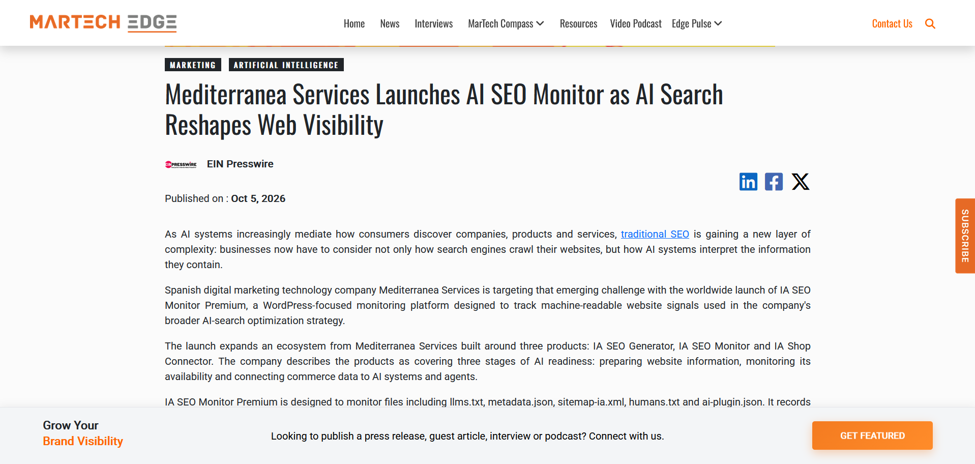 MarTech Edge publica el 5 de octubre de 2026 un análisis sobre Mediterranea Services e IA SEO Monitor en el contexto de AI Search.