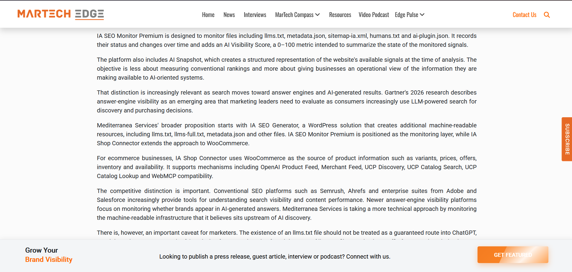 MarTech Edge analiza IA SEO Generator, IA SEO Monitor e IA Shop Connector y compara el enfoque técnico de Mediterranea Services con plataformas SEO y de visibilidad en IA.