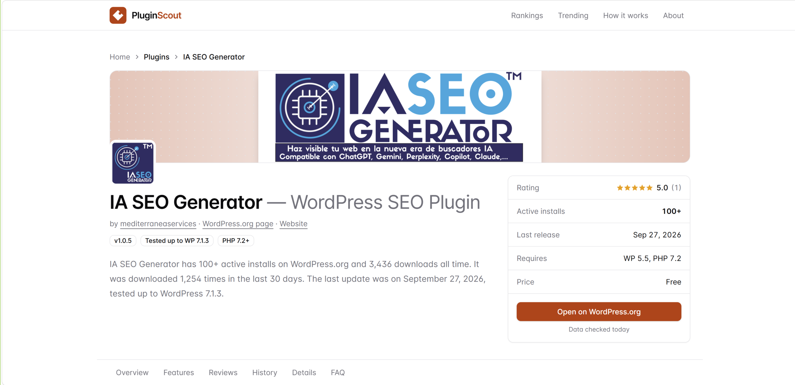 Ficha de IA SEO Generator en PluginScout con estadísticas públicas de WordPress, valoración y descargas