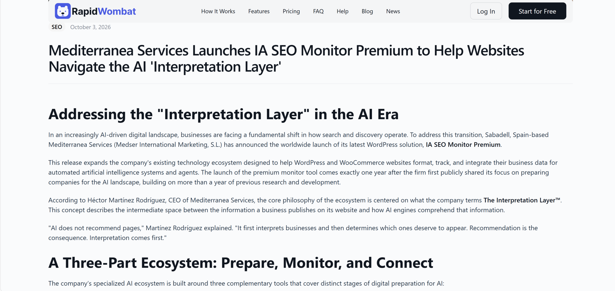 RapidWombat News publica el 3 de octubre de 2026 un artículo sobre IA SEO Monitor Premium y The Interpretation Layer de Mediterranea Services
