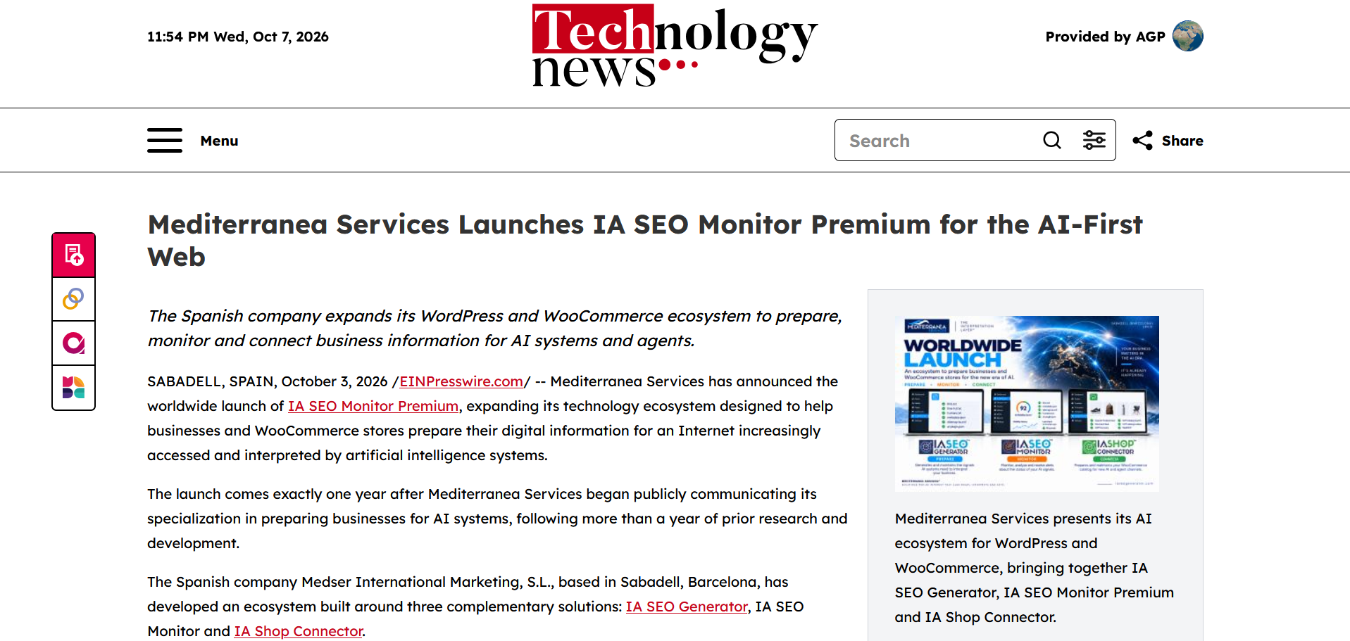 Applied Technology News reproduce el comunicado de EIN Presswire sobre IA SEO Monitor Premium el 3 de octubre de 2026