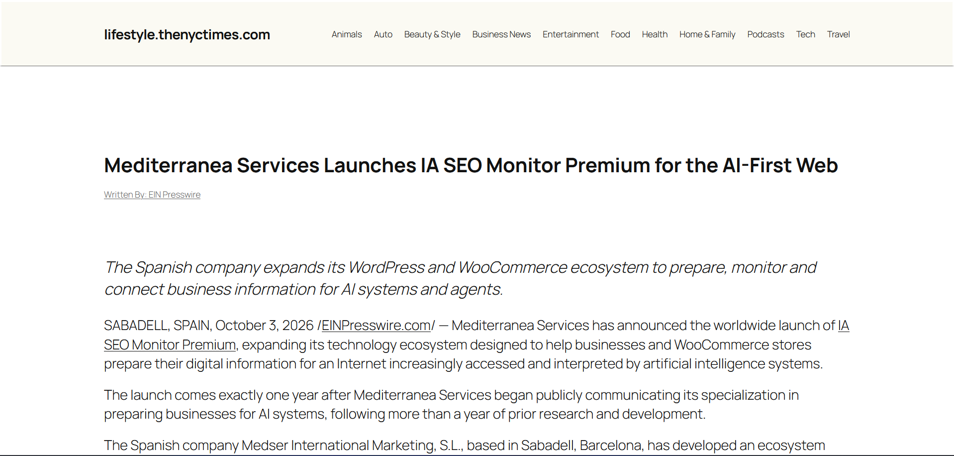 Publicación internacional de Mediterranea Services e IA SEO Monitor Premium en The NYC Times