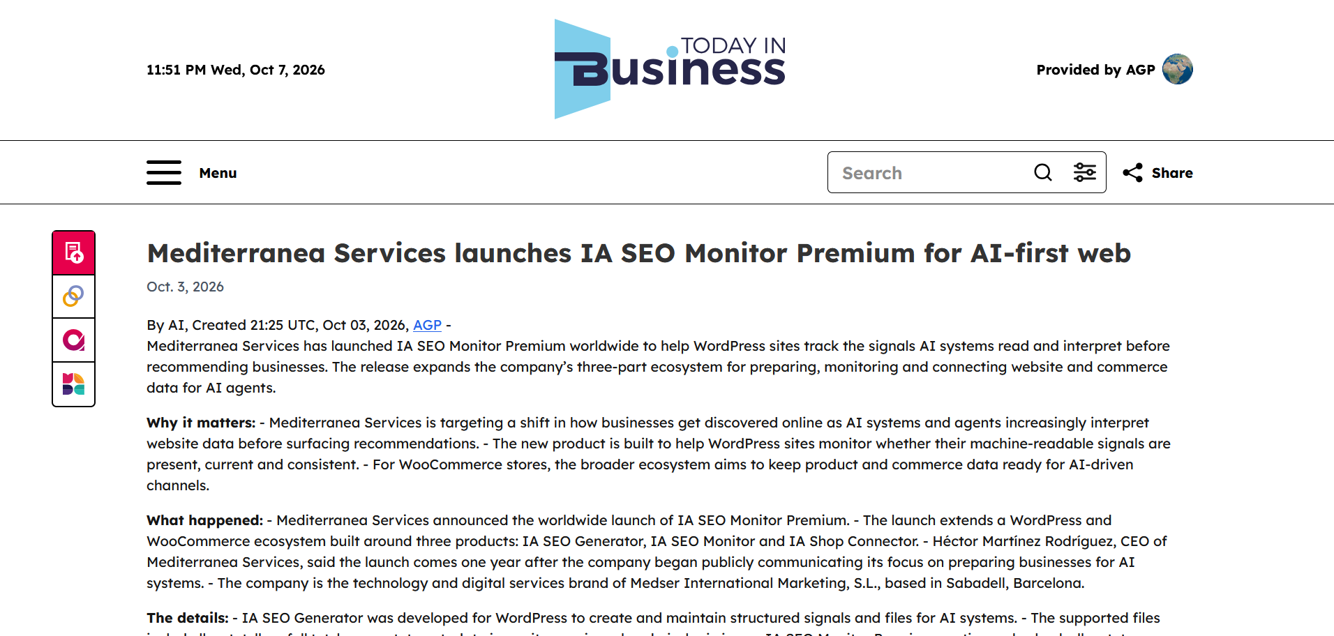 Today in Business publica el lanzamiento de IA SEO Monitor Premium mediante el circuito AGP el 3 de octubre de 2026